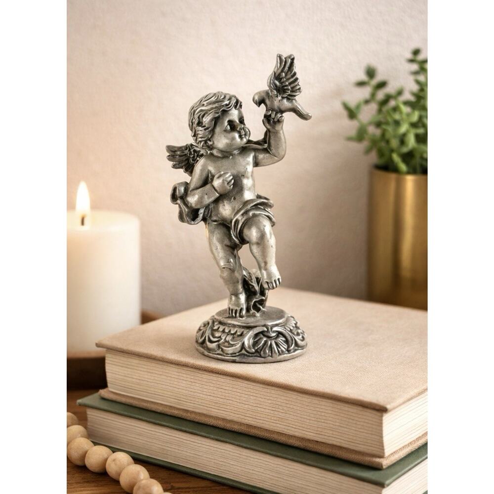 PEWTER CHERUB ANGEL w/Dove Bird Figurine